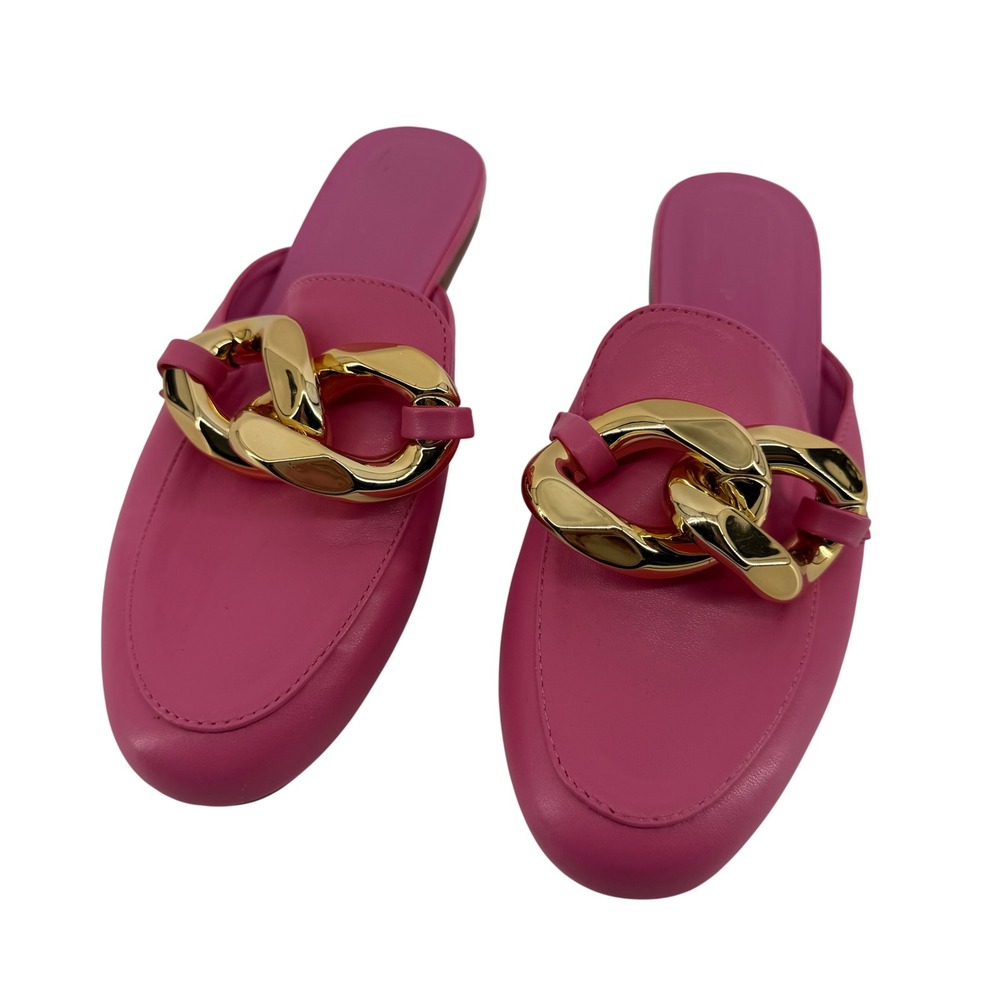Shu Shop Pink Mule Loafers Gold Chain Link Slip On Flats Womens 8.5‎ Hot Pink